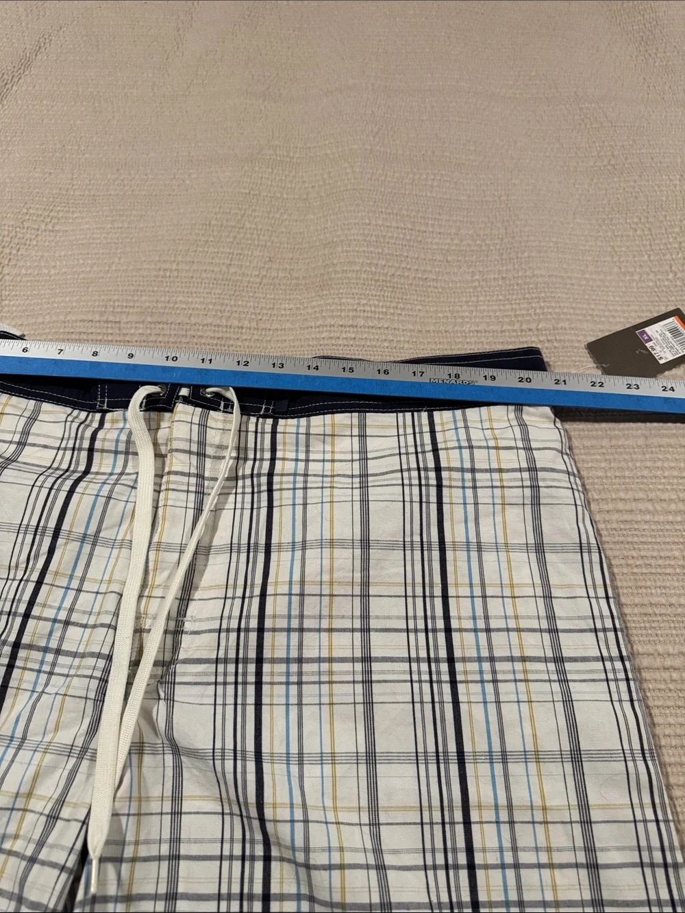 Merona Plaid Swim Trunks in White, Navy, and Yellow